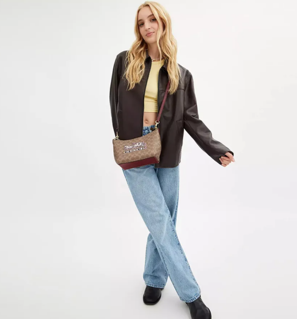 Coach Zip Top Shoulder Bag Signature Canvas & Leather Horse Carriage Print (Tan Black Cherry) - Image 5