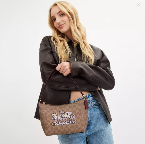 Coach Zip Top Shoulder Bag Signature Canvas & Leather Horse Carriage Print (Tan Black Cherry) - Image 4