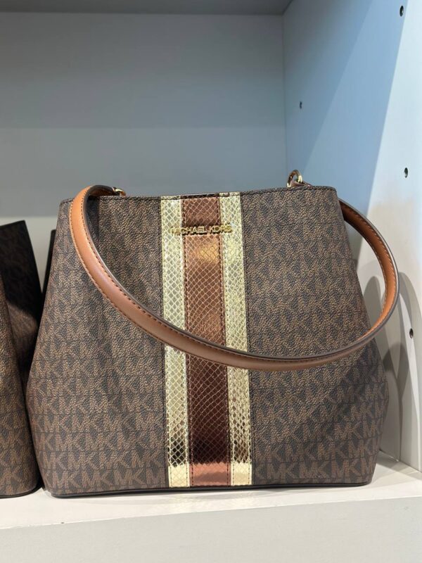 Michael Kors Pratt Medium Signature Logo and Metallic Shoulder Bag (Brown) - Image 2