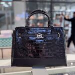Michael Kors Reed Large Belted Croc Embossed Satchel (Black)