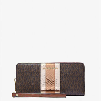 Michael Kors Jet Set Travel Large Signature Logo and Metallic Continental Wallet (Brown)