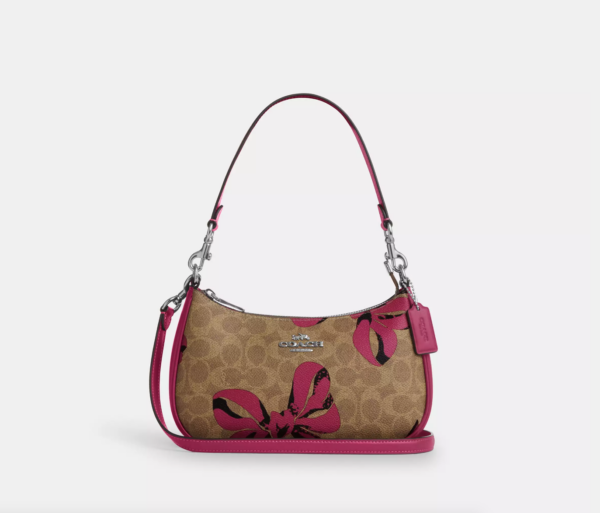 Coach Teri Shoulder Bag In Signature Canvas With Bow Print (Tan Pink Multi)