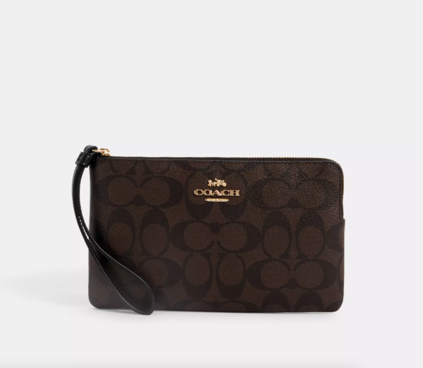 [Pre Order]- Coach Large Corner Zip Wristlet In Signature Canvas (Walnut Black)