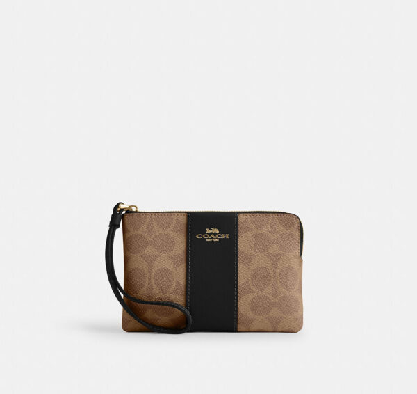 Coach Corner Zip Wristlet In Signature Canvas With Stripe (Tan Black)