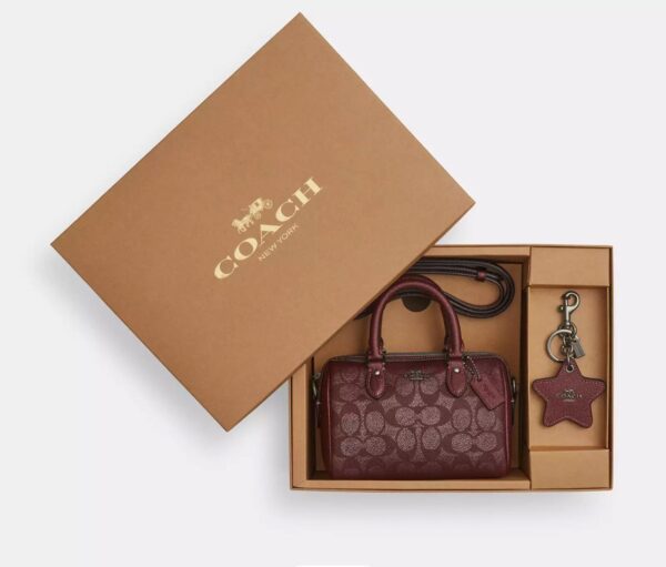 Coach Boxed Mini Rowan Crossbody Bag And Mirror Bag Charm Set In Signature Canvas In Red(Wine Multi) - Image 3