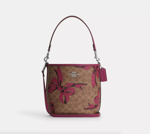 Coach City Bucket Bag In Signature Canvas With Bow Print (Tan Pink Multi)