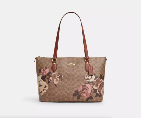 Coach Gallery Tote Bag In Signature Canvas With Rose Print (Tan Multi)