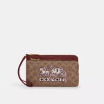 Coach Double Zip Wallet In Signature Canvas With Horse And Carriage Print (Tan Black Cherry)
