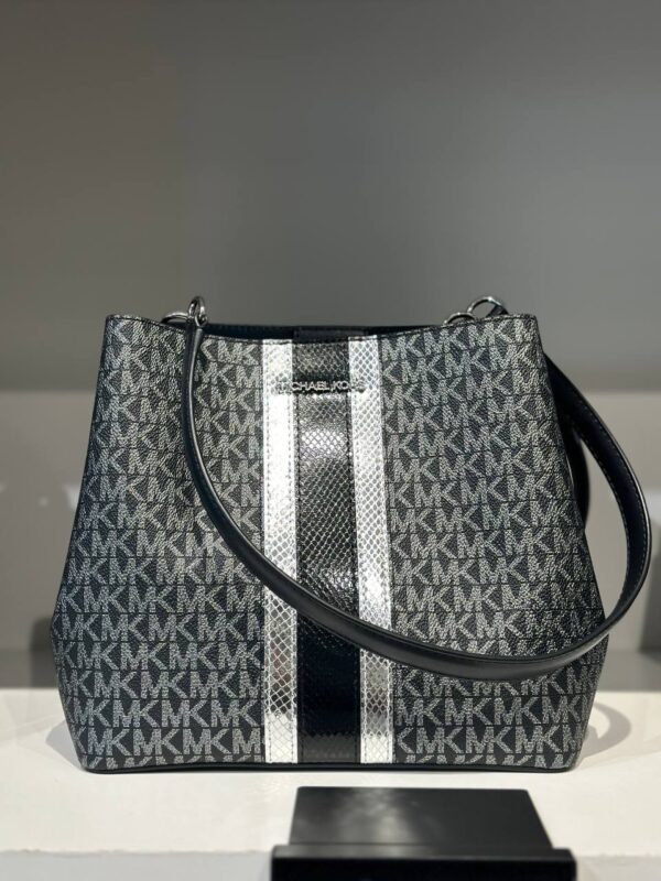 Michael Kors Pratt Medium Signature Logo and Metallic Shoulder Bag (Black) - Image 4