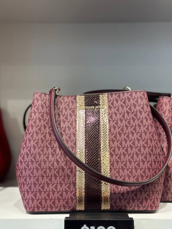 Michael Kors Pratt Medium Signature Logo and Metallic Shoulder Bag (Oxblood) - Image 2