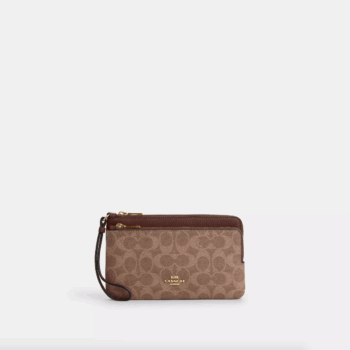 Coach Double Zip Wallet Wristlet (Tan Brown)