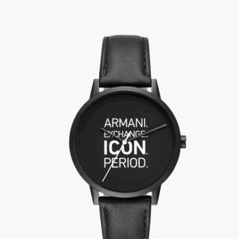 Armani Exchange Three-Hand Black Leather Watch (Black)
