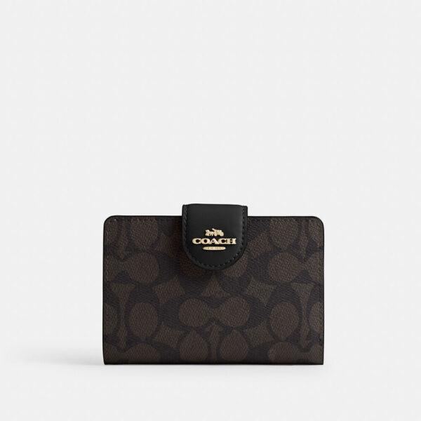 [Pre Order]-Coach Medium Corner Zip Wallet In Signature Canvas (Walnut Black)