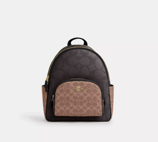 Coach Court Backpack In Blocked Signature Canvas (Walnut Tan)