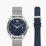Emporio Armani Three-Hand Date Stainless Steel Mesh Men Watch and Interchangeable Strap Set (AR80054)