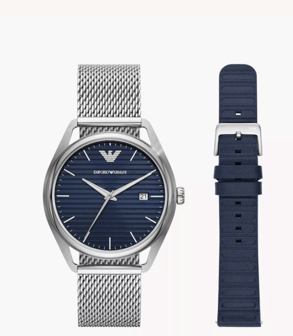 Emporio Armani Three-Hand Date Stainless Steel Mesh Men Watch and Interchangeable Strap Set (AR80054)