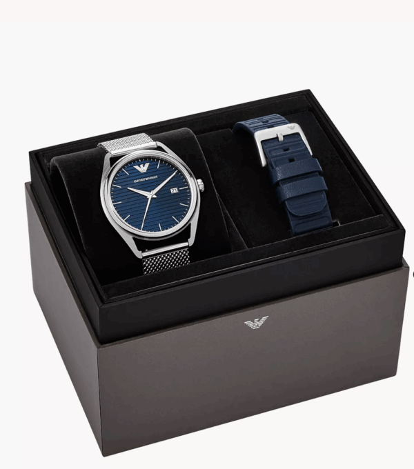 Emporio Armani Three-Hand Date Stainless Steel Mesh Men Watch and Interchangeable Strap Set (AR80054) - Image 4