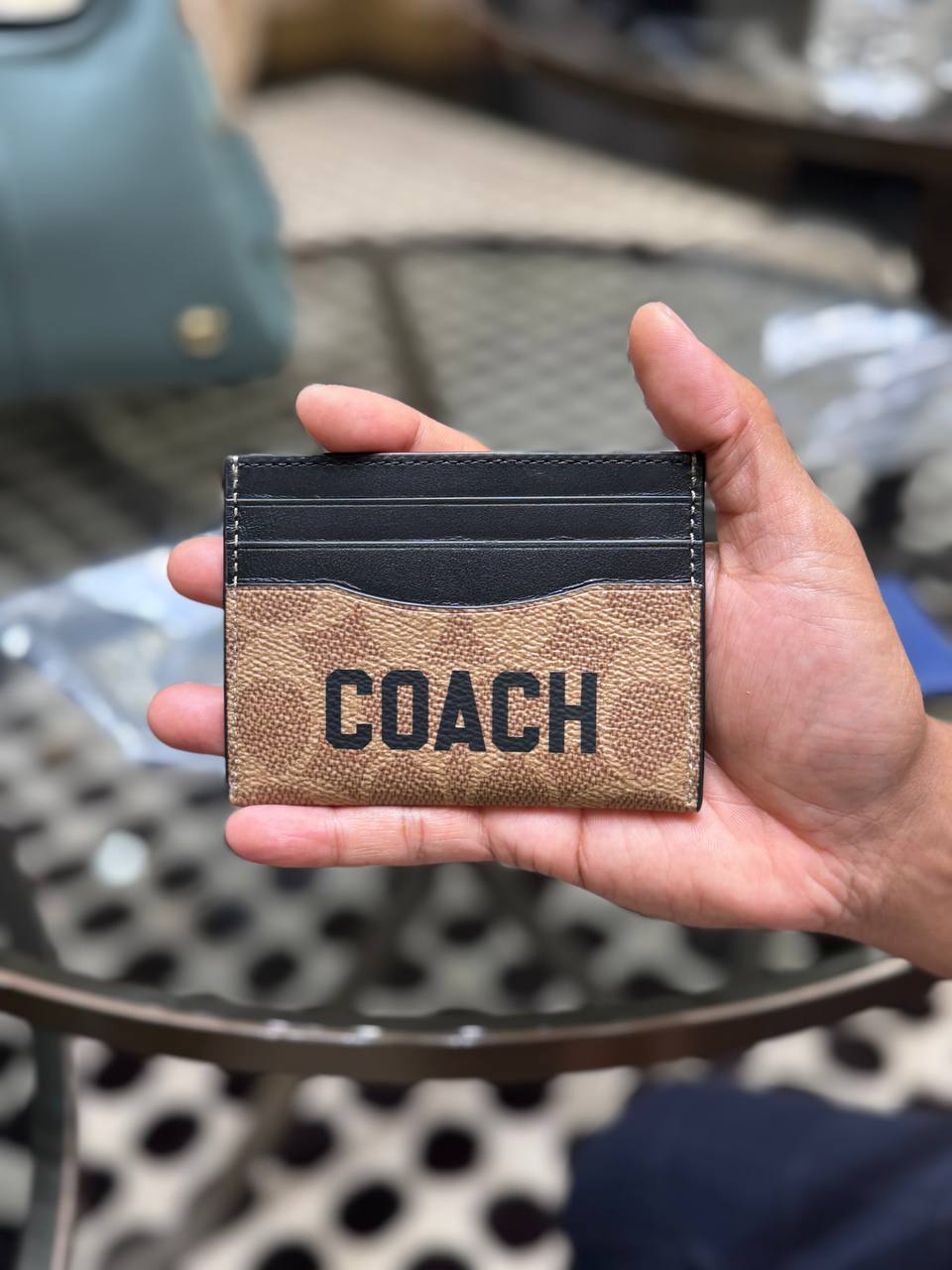 Coach Card Case In Signature Canvas With Coach Graphic (Tan