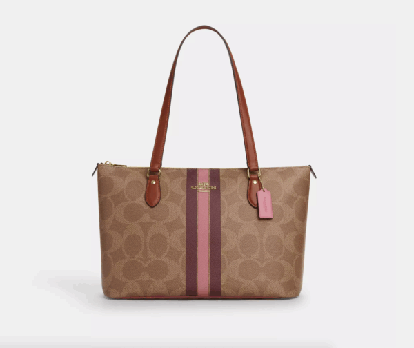 [In Transit] - Coach Gallery Tote Bag In Signature Canvas With Stripe Print (Tan Multi)