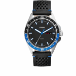 Fossil Sport 54 Day Date Black Dial Black Leather Strap Watch for Men (Black)