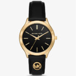 Michael Kors Slim Runway Gold-Tone and Leather Women Watch MK7482 (Black)