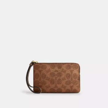 In Transit - Coach Corner Zip Wristlet In Signature Canvas (Brown Cooper)