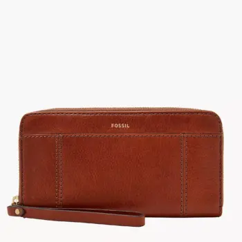 Fossil Jori RFID Zip Leather Clutch Wallet (Brown)