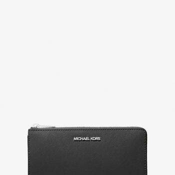 Michael Kors Jet Set Travel Large Saffiano Leather Quarter-Zip Wallet (Black)