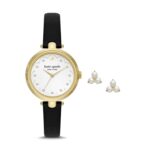 Kate Spade New York Holland Three-Hand black Leather Watch and Earrings Set (KSW1776SET)