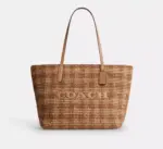 Coach City Tote Bag With Gingham Print (Tan)