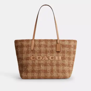 Coach City Tote Bag With Gingham Print (Tan)